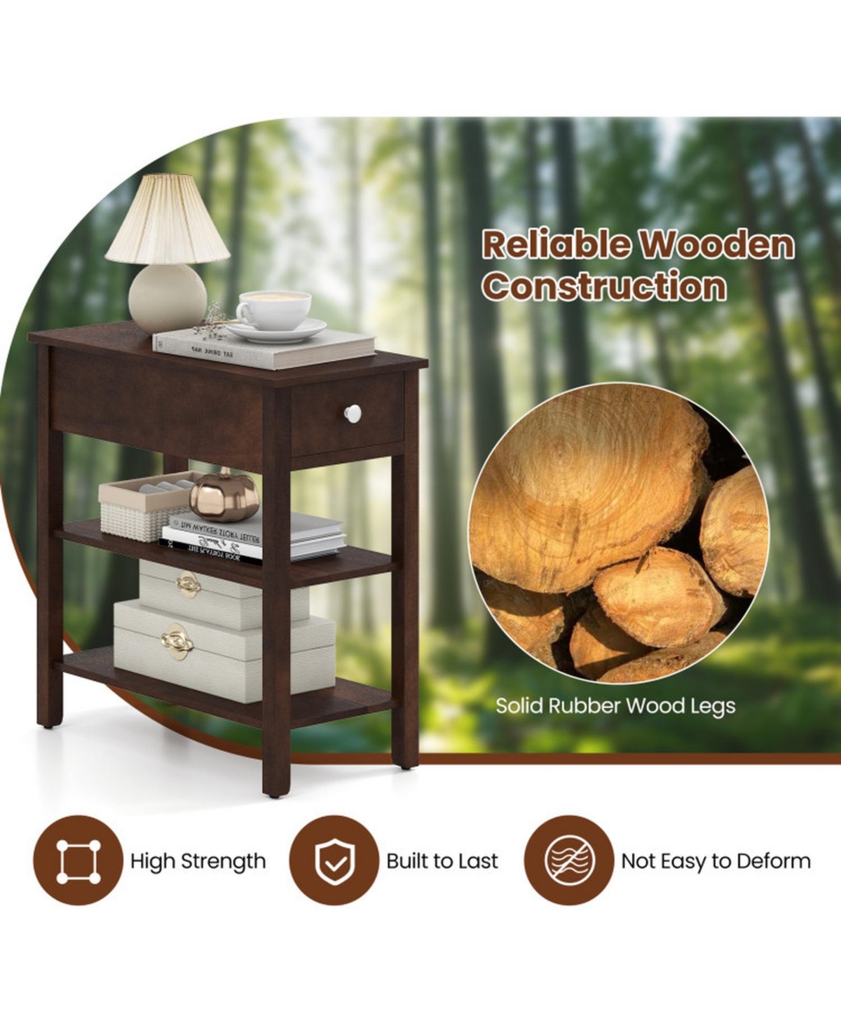 Sugift 3-Tier Narrow End Table with Pull-Out Drawer and Storage Shelves