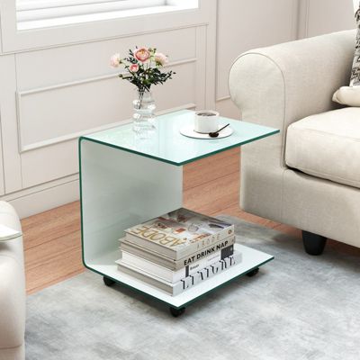 C-Shaped End Table with Tempered Glass Shelves and Detachable Lockable Wheels
