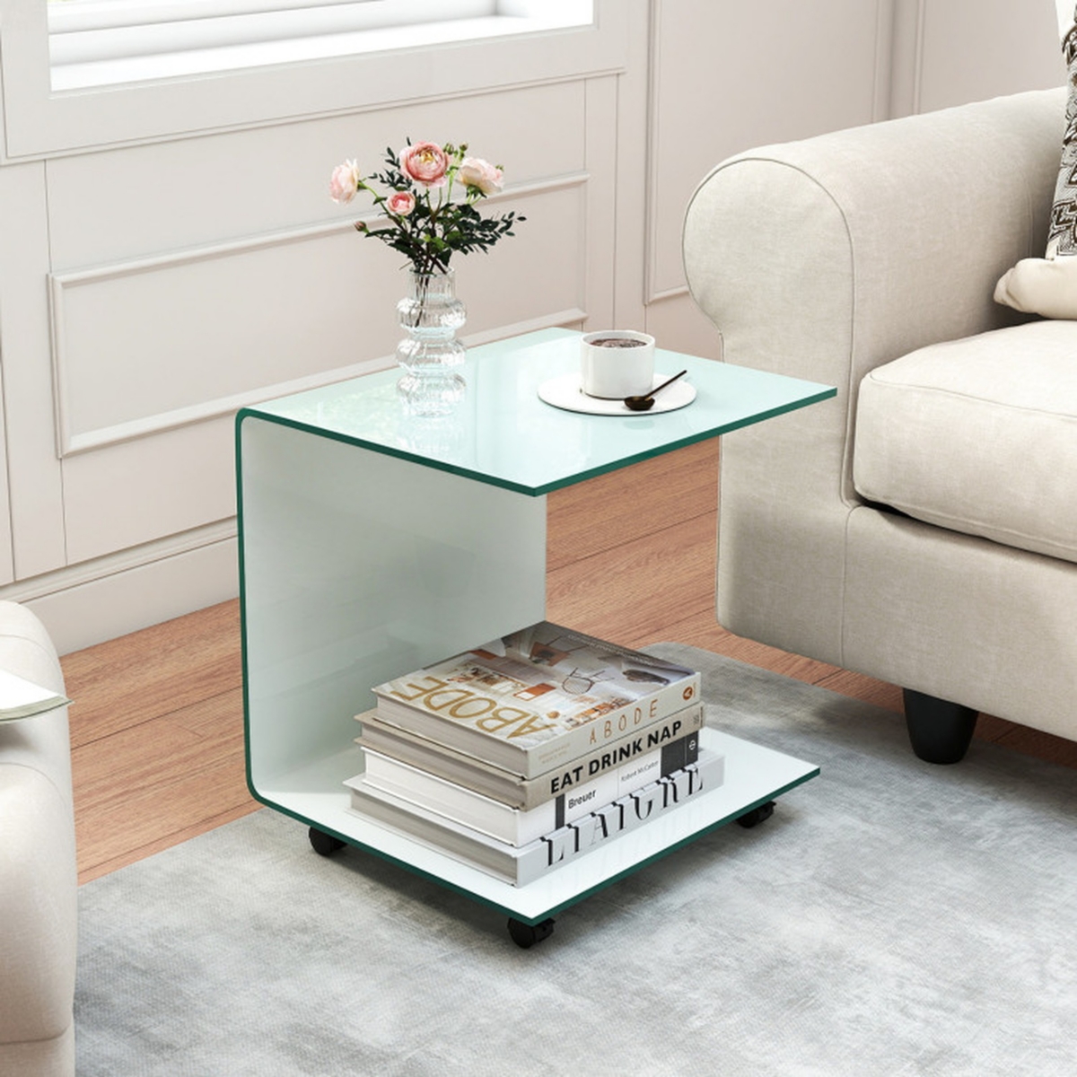 Sugift C-Shaped End Table with Tempered Glass Shelves and Detachable Lockable Wheels
