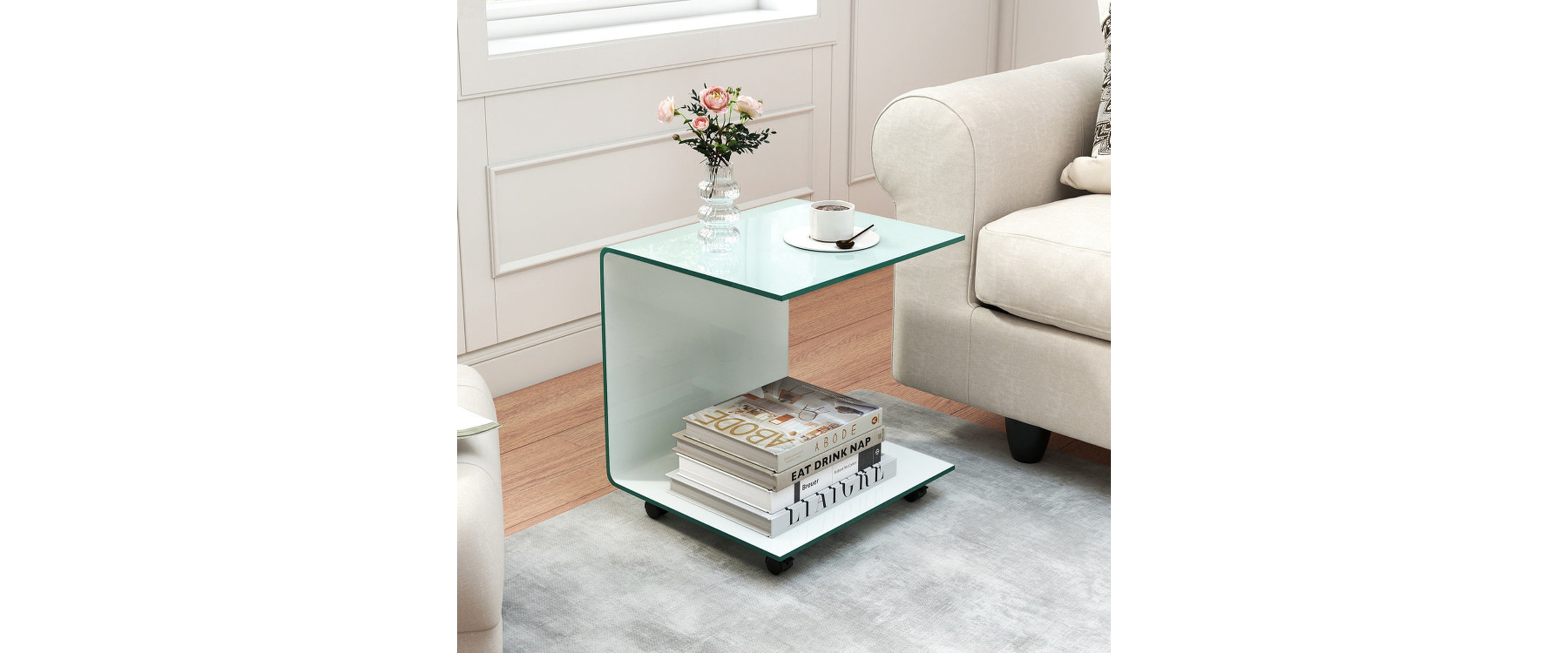 Sugift C-Shaped End Table with Tempered Glass Shelves and Detachable Lockable Wheels