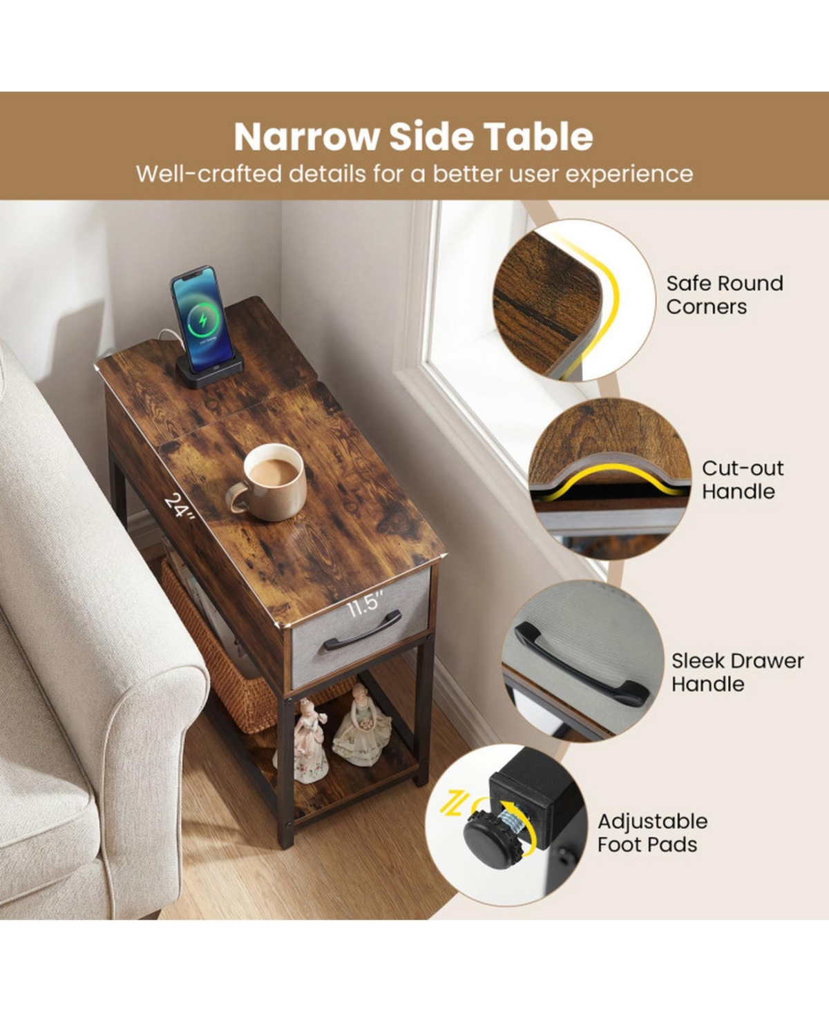 Sugift Industrial Narrow Side Table with Charging Station Led Lights and Fabric Drawer