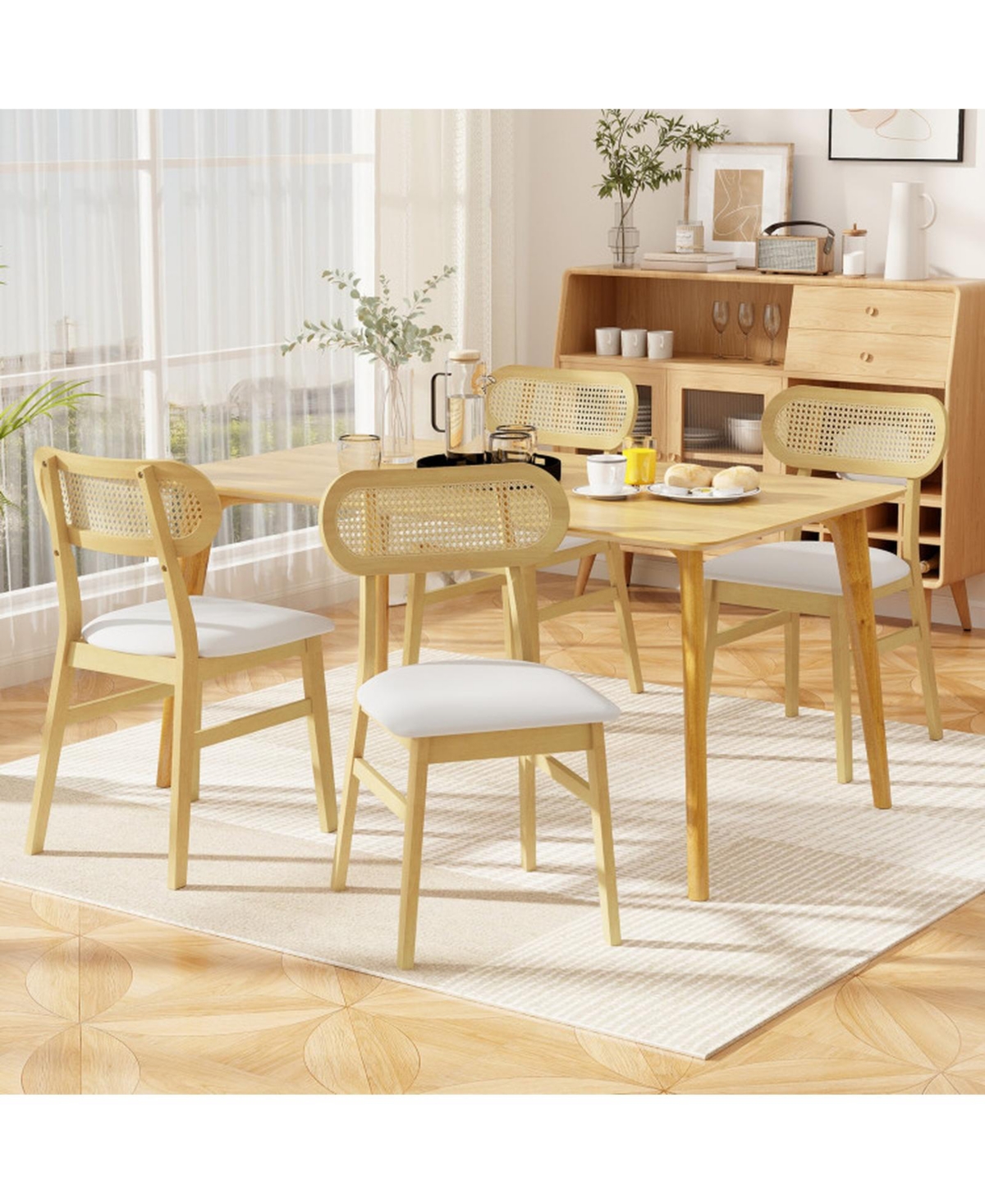 Sugift Mid Century Dining Chairs Set of 2 with Rattan Woven Backrest and Faux Leather Padded Seat