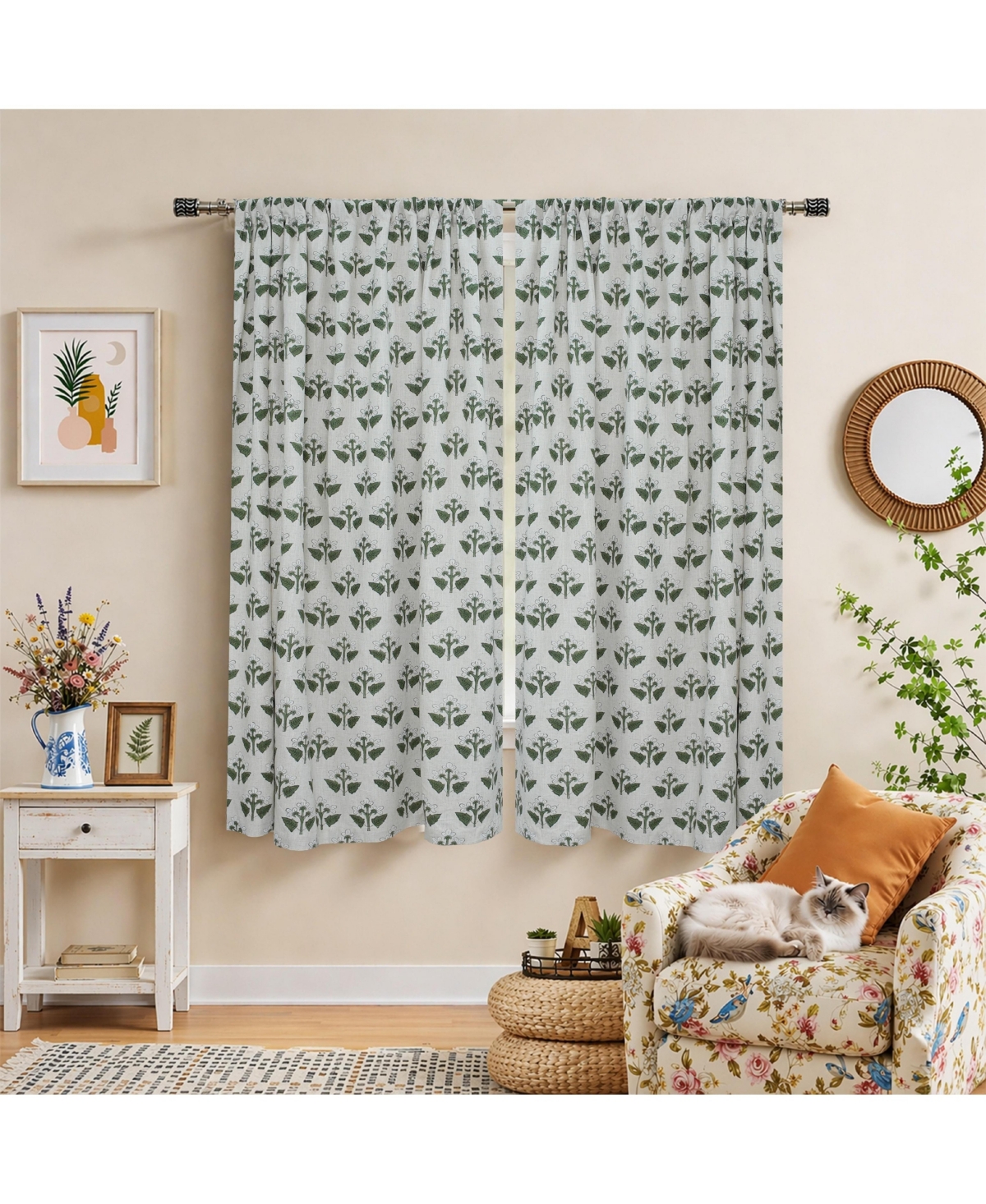 Fabdivine Chahat Handmade Block Print Floral Linen Curtains
