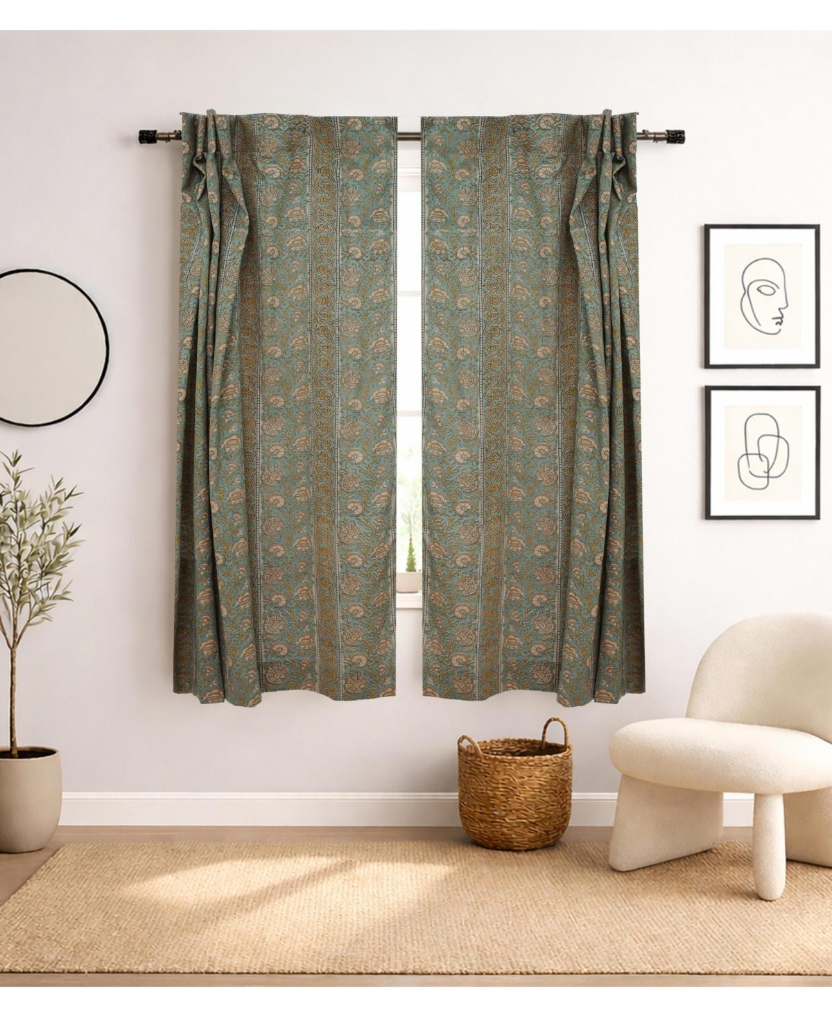 Fabdivine Sonakshi Handmade Floral Block Print Viscose Colored Linen Curtain