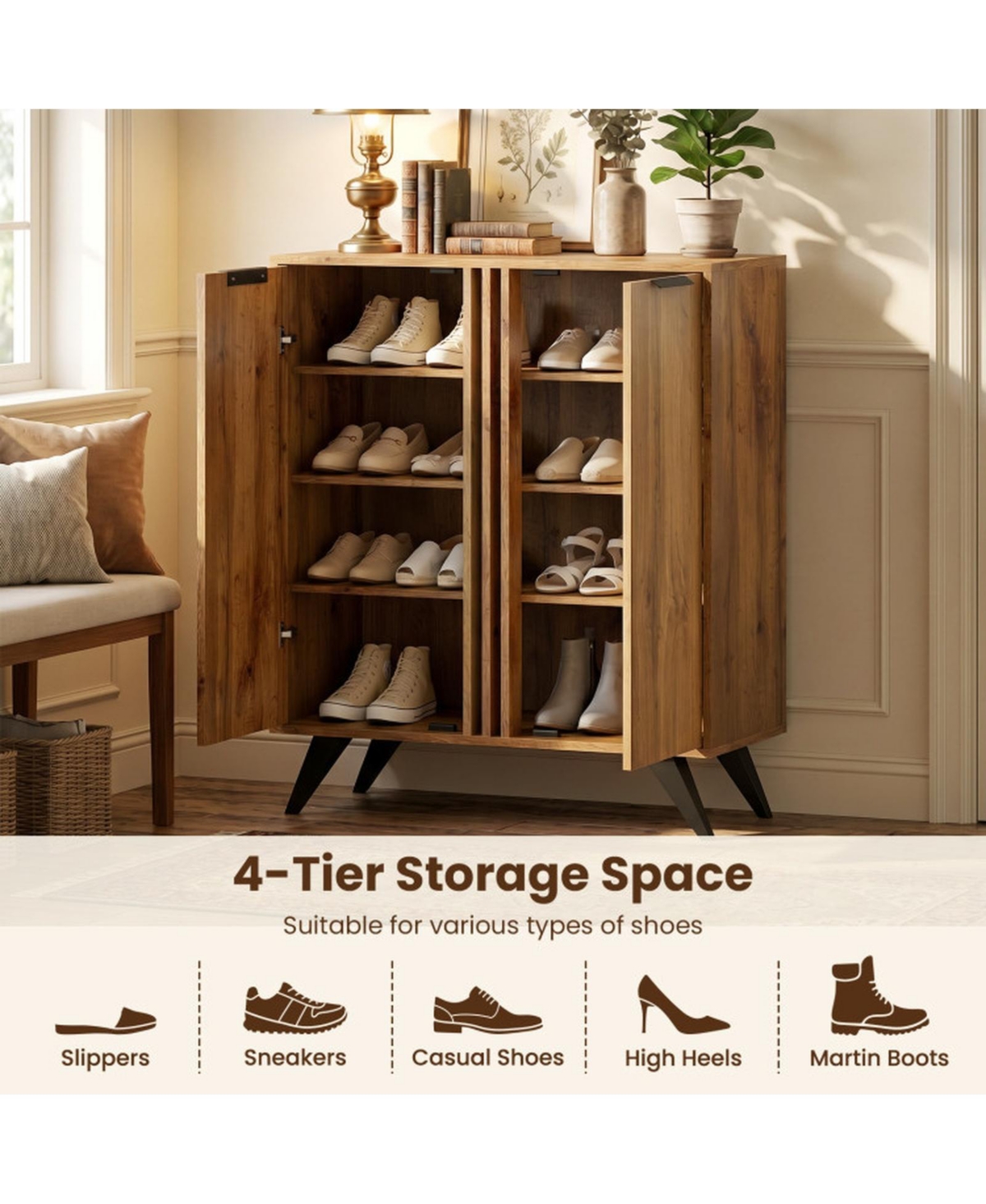 Sugift 4-Tier Freestanding Shoe Storage Cabinet with 2 Doors Hidden Entryway Organizer