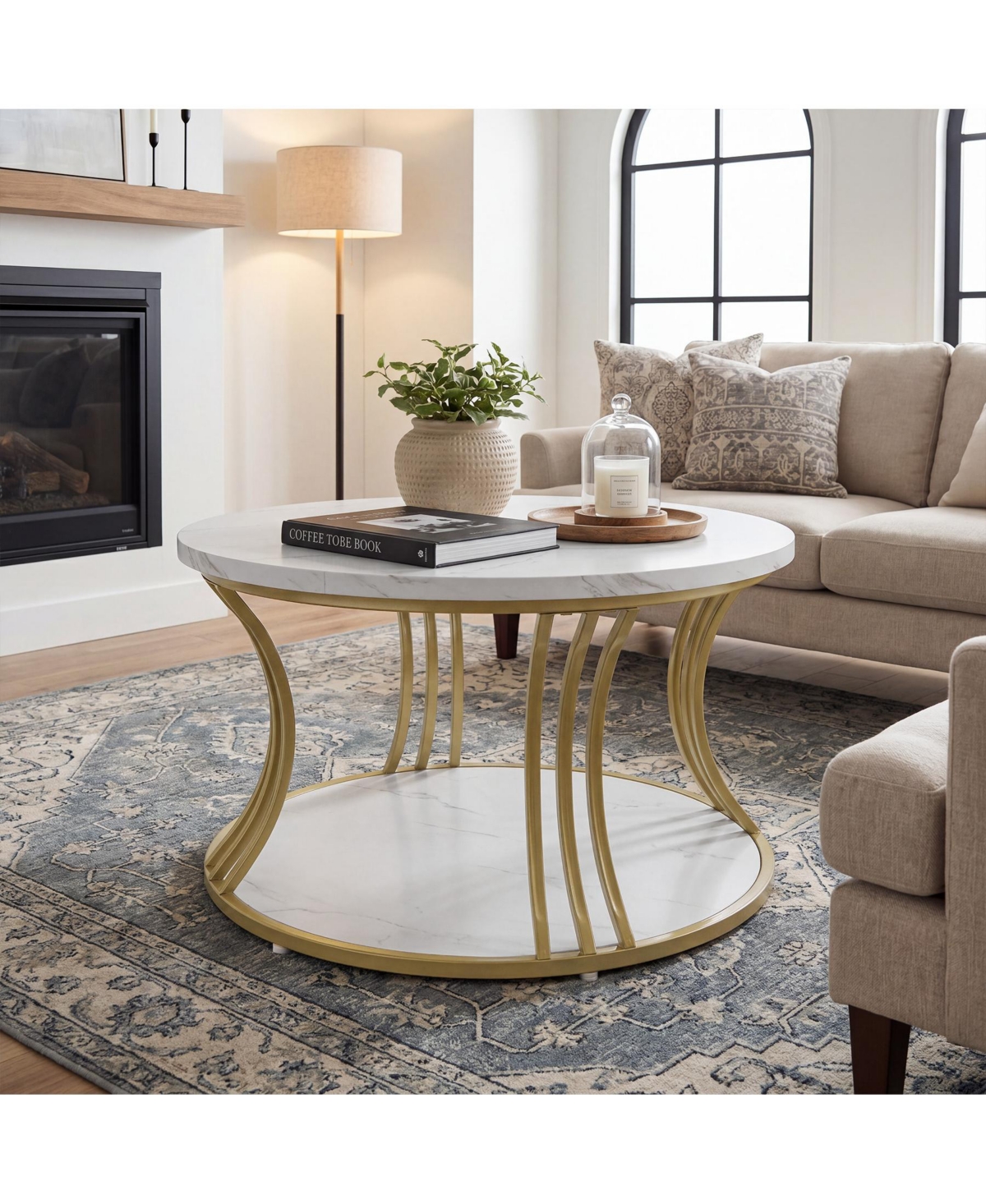 Tribesigns 31.5" Round Faux Marble Coffee Table with 2-Tier Storage