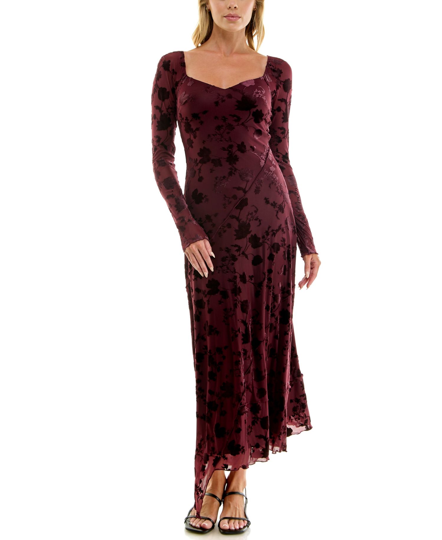 Juniors' Long-Sleeve V-Neck Velvet-Burnout Midi Dress