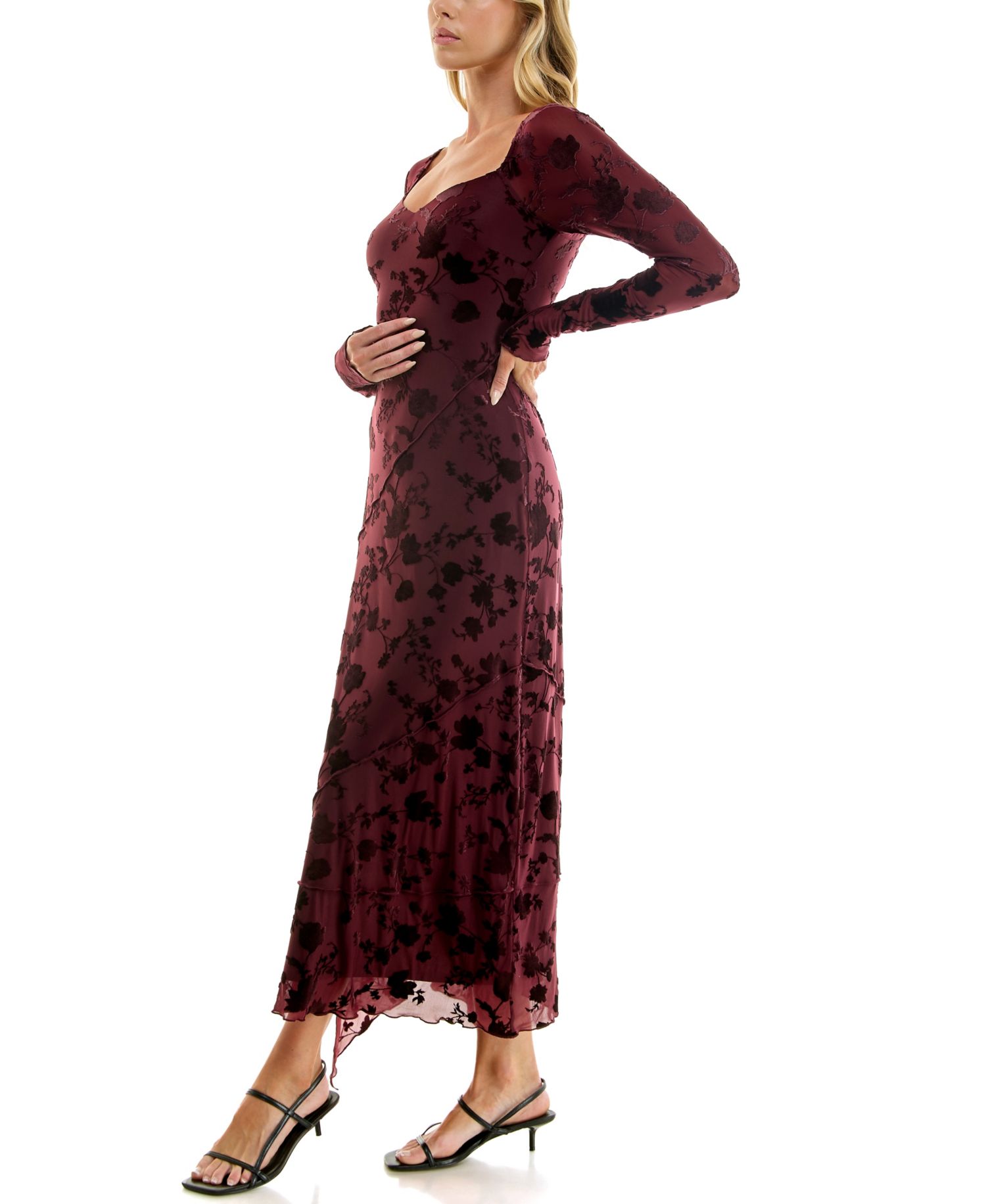 Juniors' Long-Sleeve V-Neck Velvet-Burnout Midi Dress