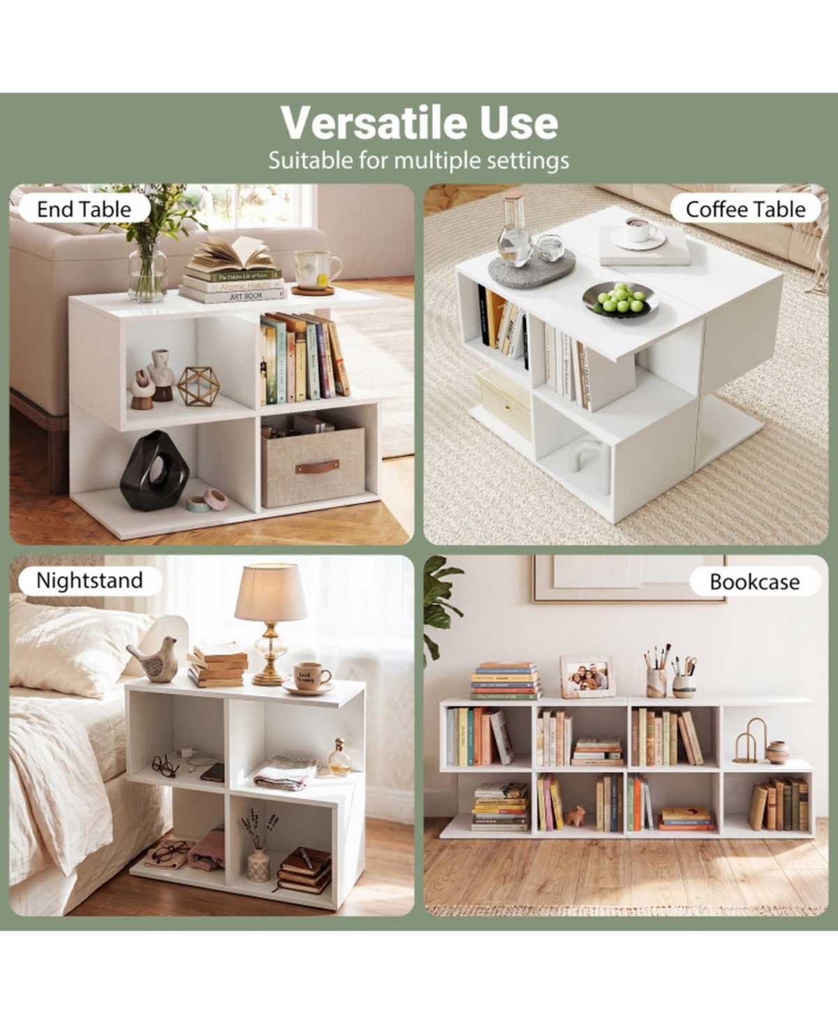 Sugift 3-Tier S-Shaped End Table with 4 Open Storage Cubes for Living Room