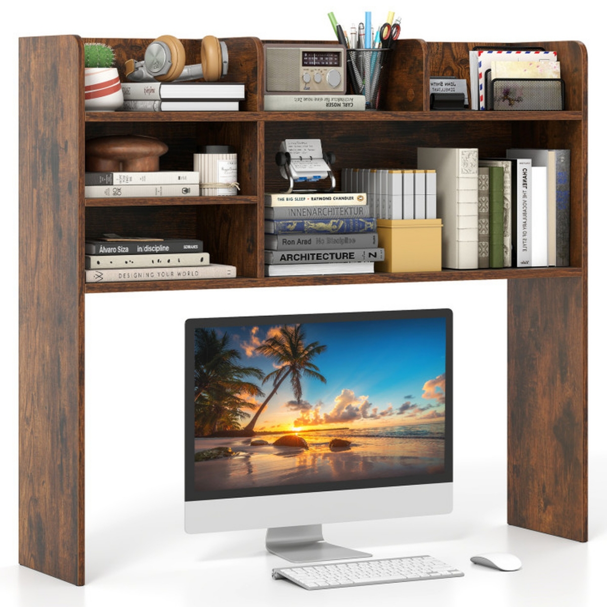 Sugift Desktop Bookshelf Countertop Storage Hutch with 6 Shelves Fits Monitors up to 32 Inches