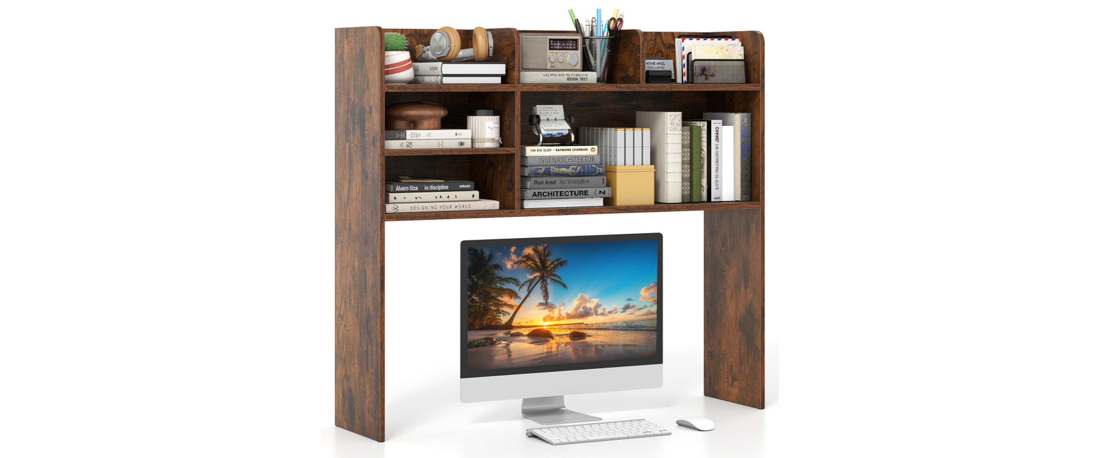 Sugift Desktop Bookshelf Countertop Storage Hutch with 6 Shelves Fits Monitors up to 32 Inches