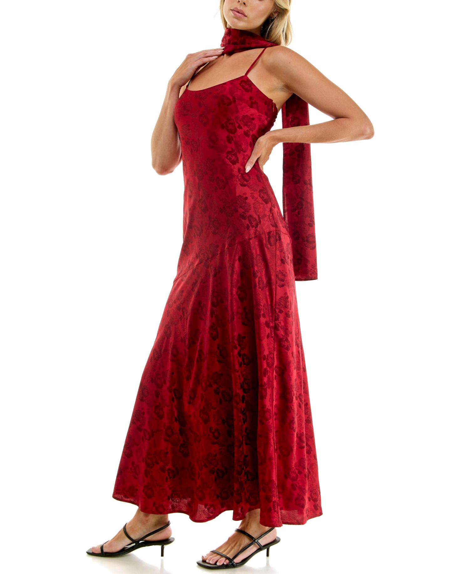 Juniors' Sleeveless Floral Slim Jacquard-Satin Maxi Dress with Matching Scarf