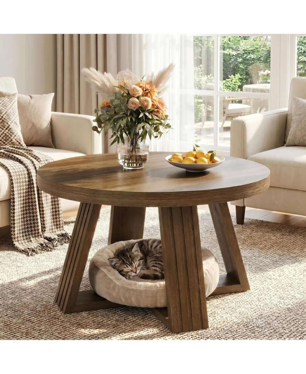 Tribesigns Round Coffee Table, 31.5 Inch Farmhouse Center Table with Solid Tabletop and Thickened Cross-Shaped Wood Frame