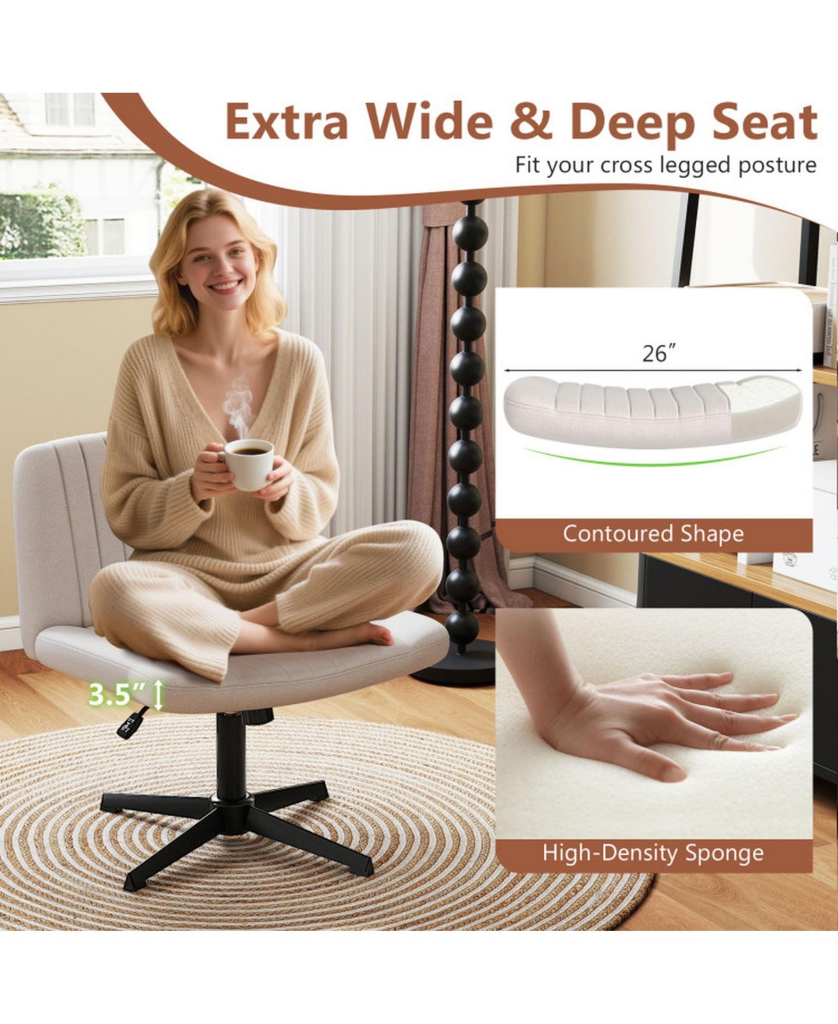 Sugift Cross-Legged Swivel Desk Chair No Wheels with Extra Wide Linen Seat