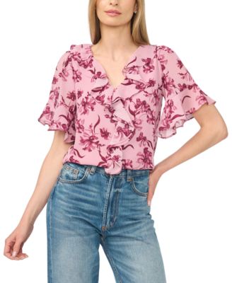 Women's V-Neck Short-Flutter Sleeve Blouse