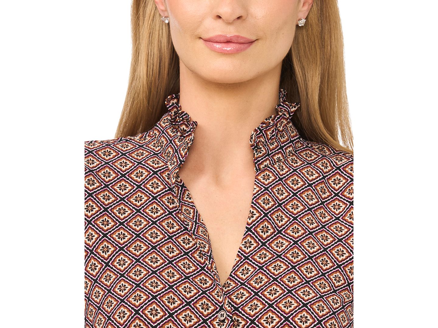 Женская блузка CeCe Ruffle V-Neck Elbow-Length Blouse, цвет: Ореховый — фото 3