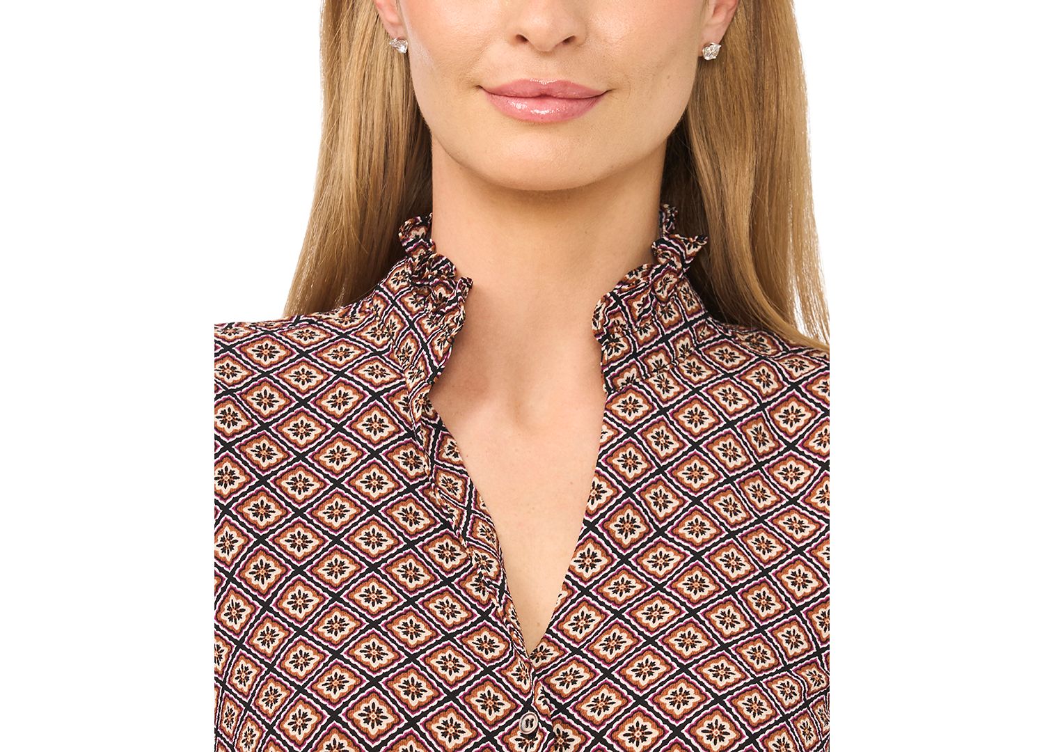Women's Ruffle V-Neck Elbow-Length Blouse