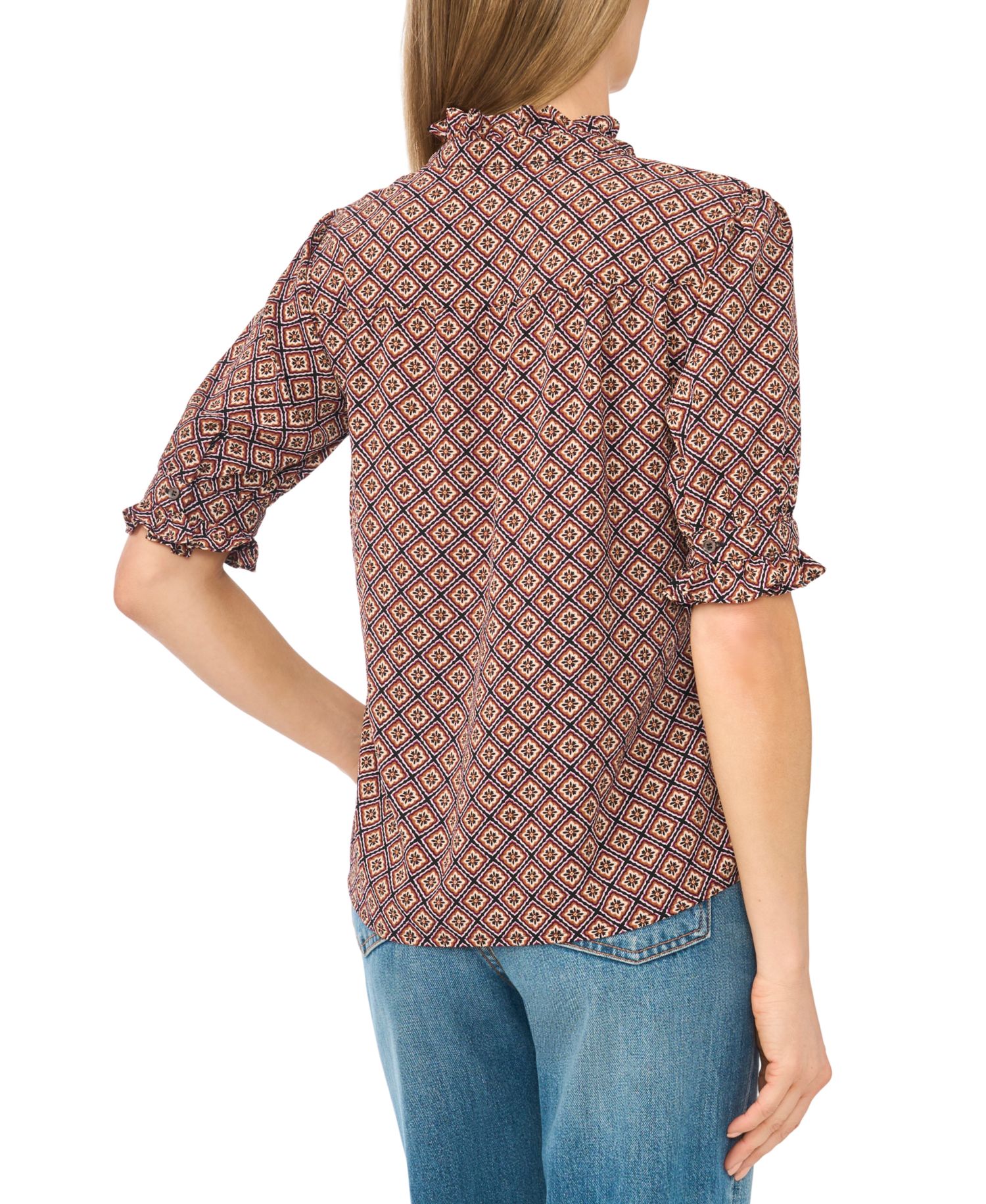 Women's Ruffle V-Neck Elbow-Length Blouse
