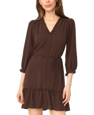 Women's Ruffle V-Neck 3/4-Sleeve Mini Dress