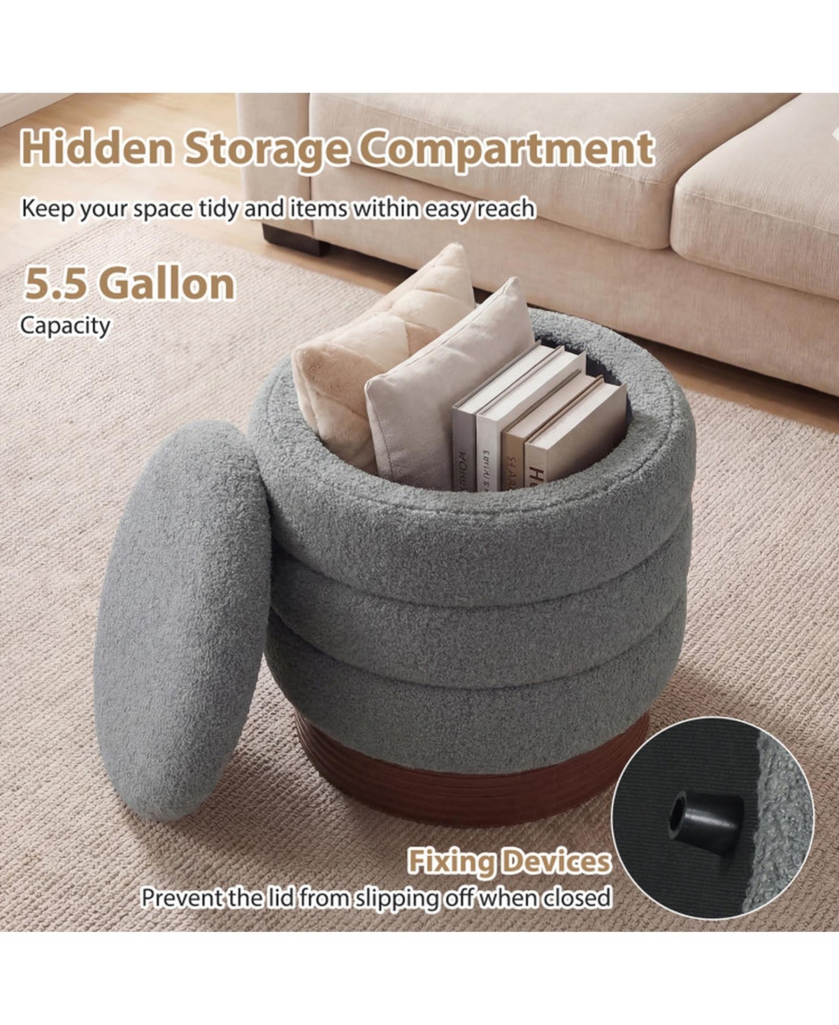 Sugift Swivel Round Storage Ottoman Upholstered Boucle Fabric Vanity Stool with Hidden Compartment