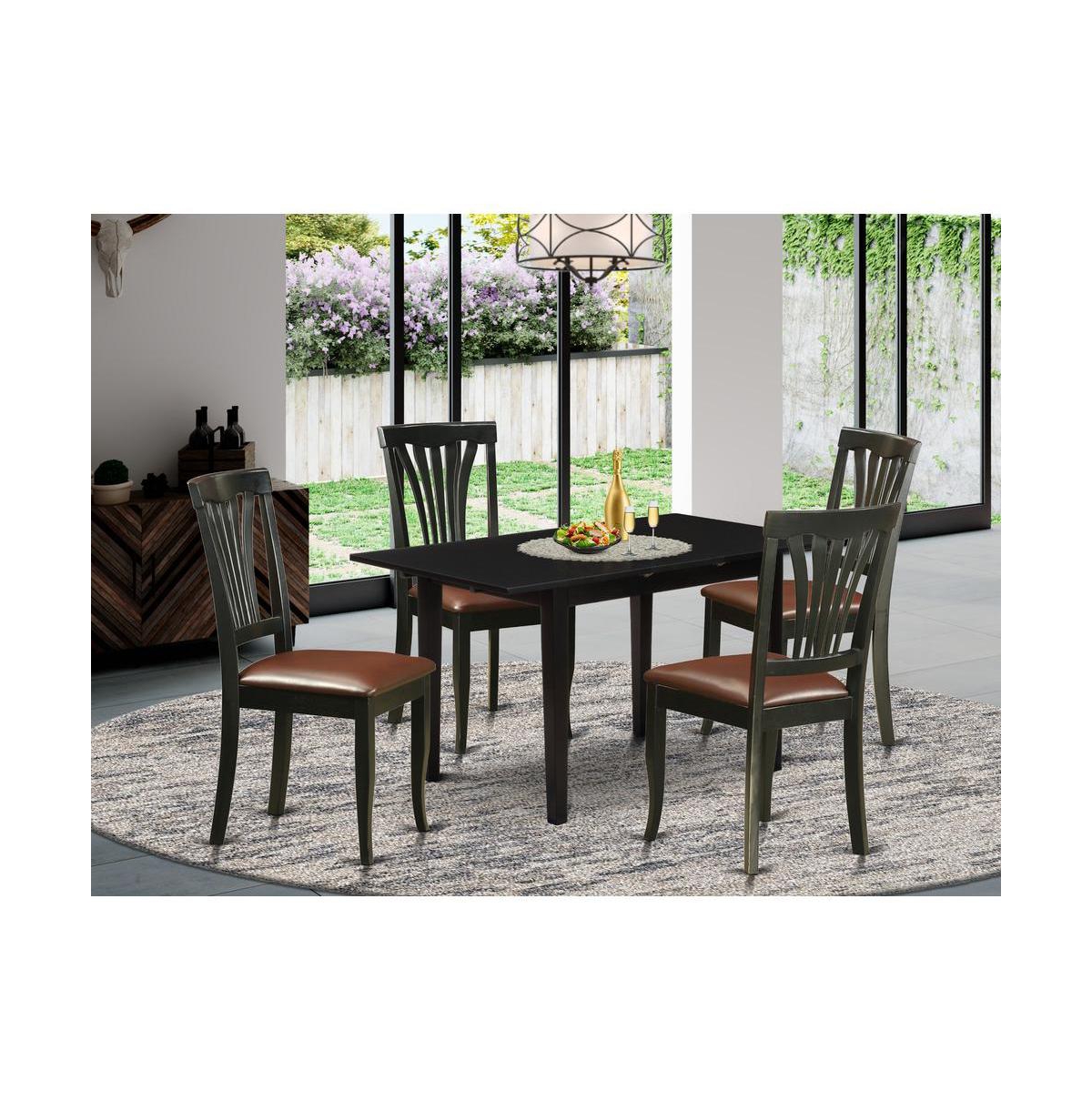 East West Furniture NOAV5-blk-lc 5-Pc Dining Room Table Set 4 Wooden Dining Chairs with Slatted Back and a Faux Leather Seat and Mid Century