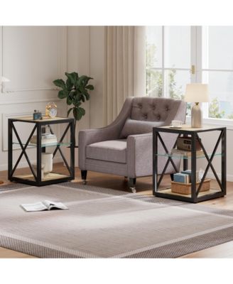 Set of 2 Modern End Table Nightstand for Bedroom and Living Room, Tempered Glass and Wood MDF Top, Industrial Style Side Table