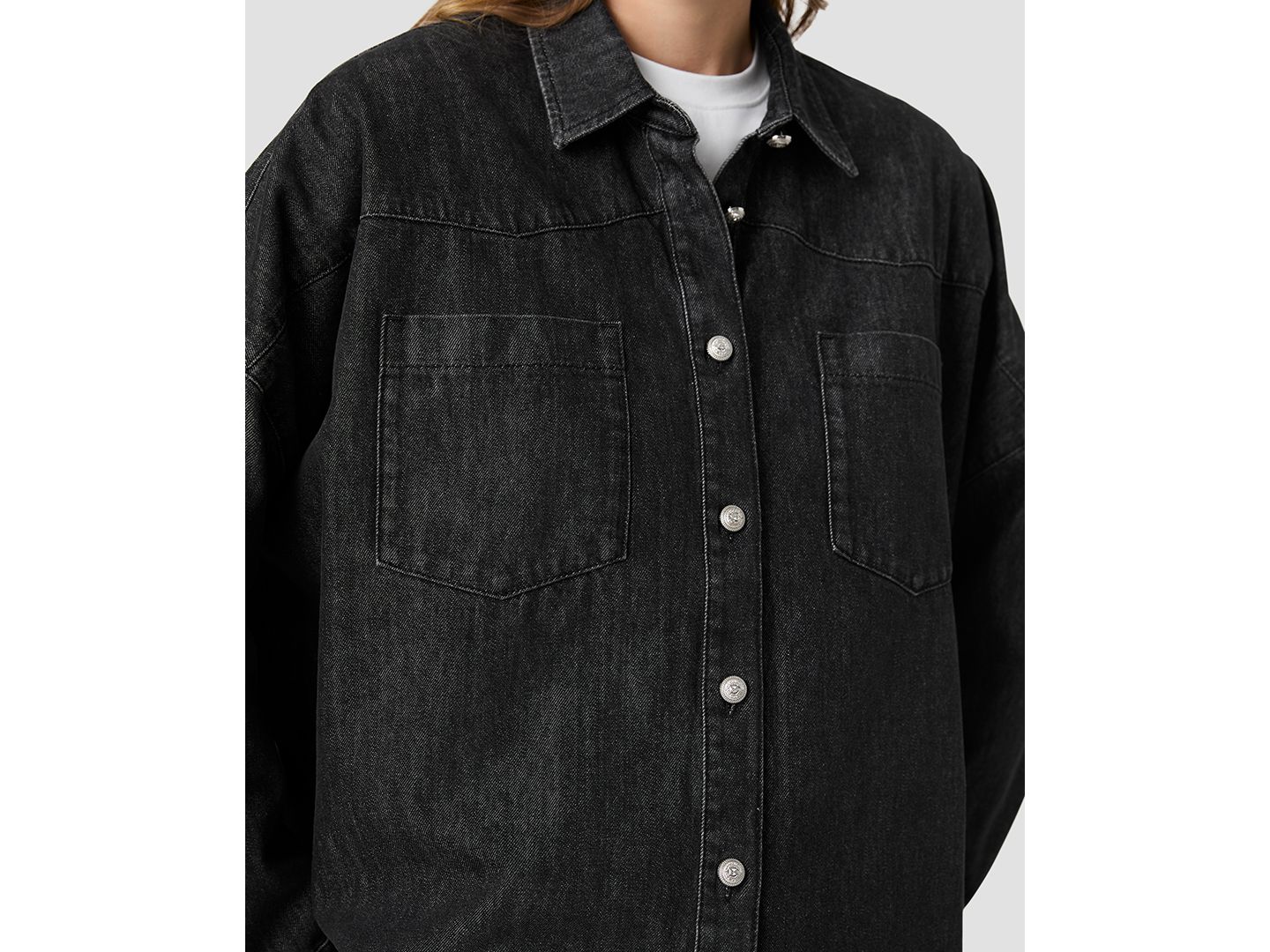 Женская рубашка French Connection Elton Denim Button-Down Long-Sleeve, цвет: Потёртый чёрный — фото 4