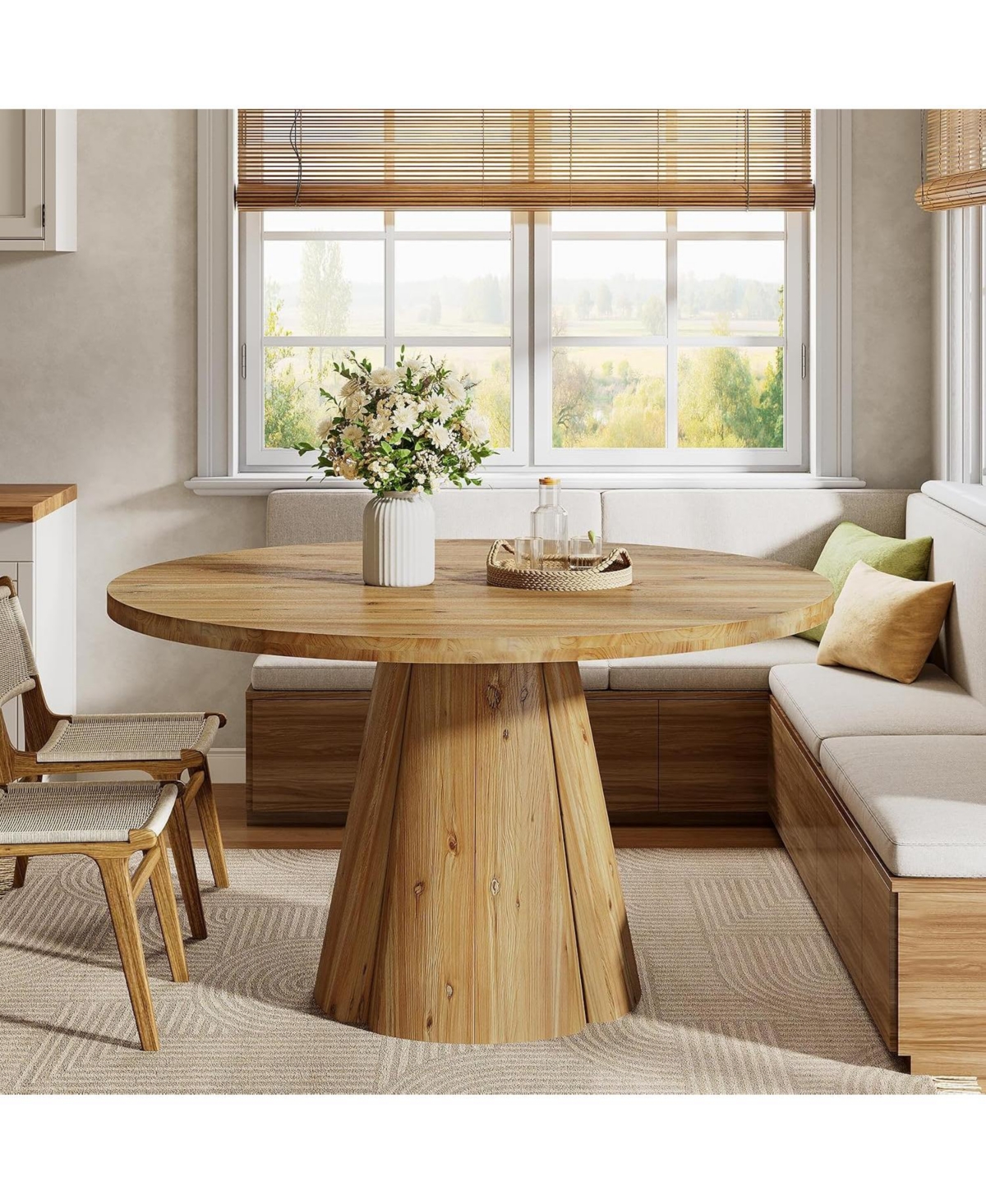 Tribesigns 47.24" Round Solid Wood Dining Table for 6,Farmhouse Kitchen Table with Pedestal Base,4-6 Person Wooden Dinner Table for Dining Room - Brow