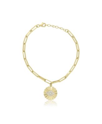 CZ Evil Eye Paperclip Charm Bracelet 14K Gold Plated Sterling Silver