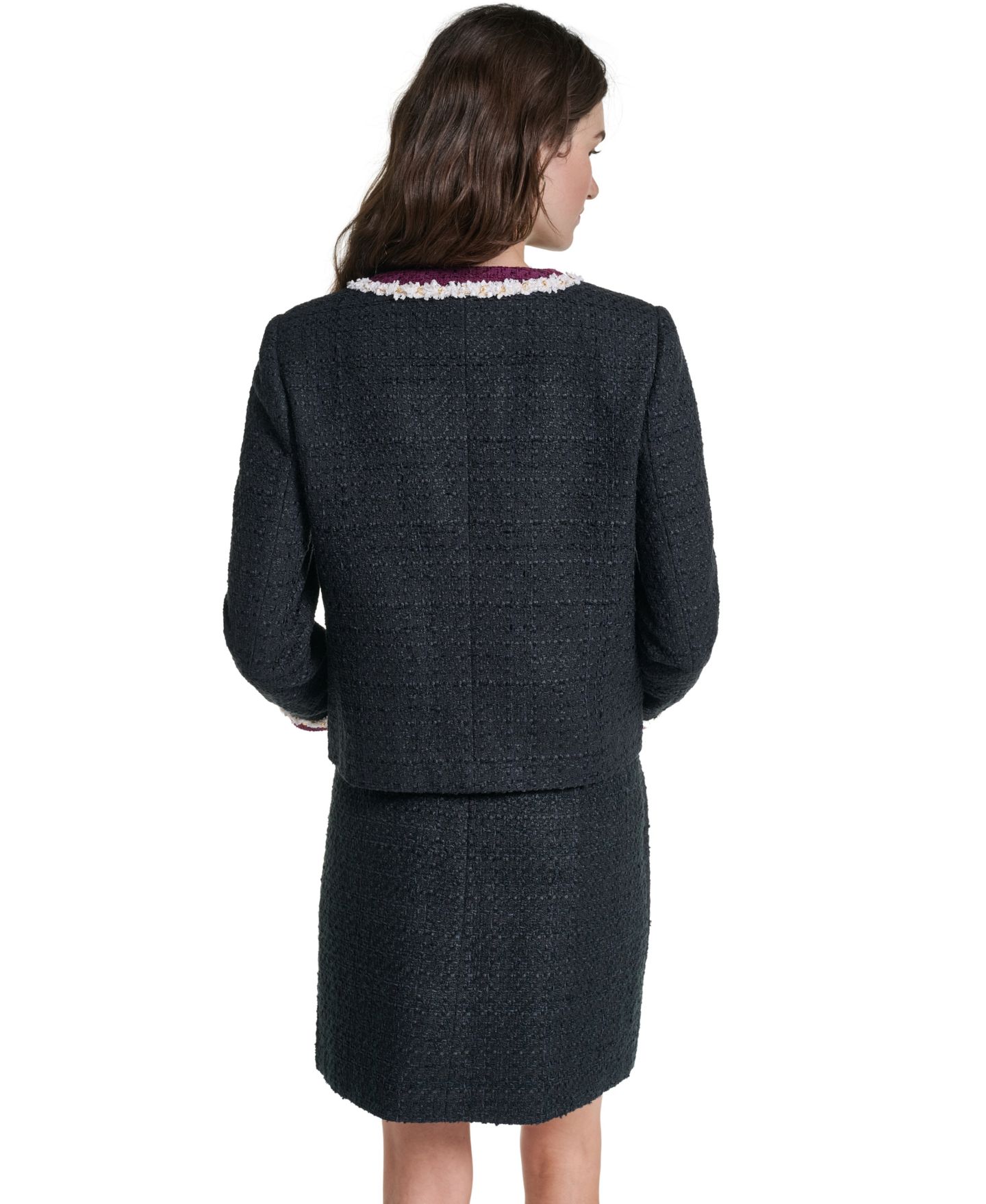 Женская куртка KARL LAGERFELD PARIS Tweed Cropped Fringe-Trim, цвет: Чёрный / Вишнёвый — фото 4