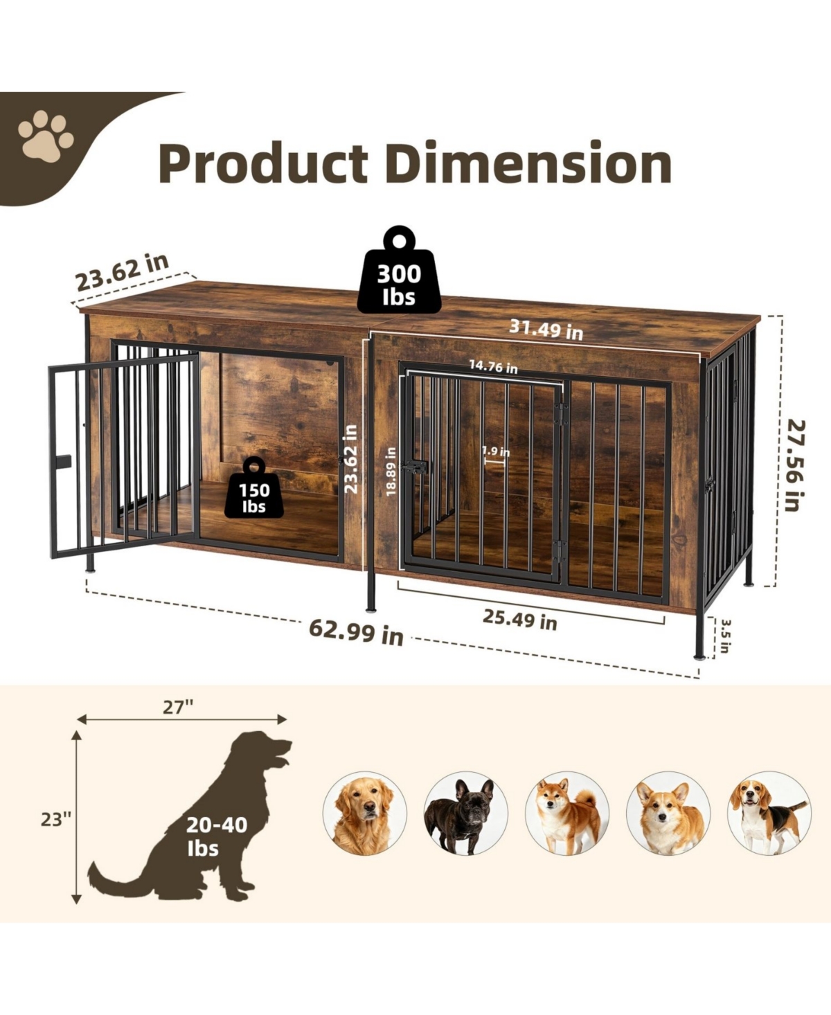 Zeny Double Dog Crate Furniture with Divider, Heavy Duty Pet Kennel End Table Tv Stand