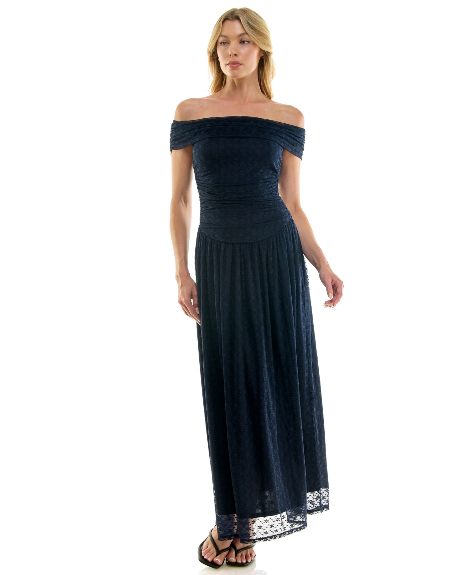 Juniors' Lea Off-the-Shoulder Lace Ruched Maxi Dress