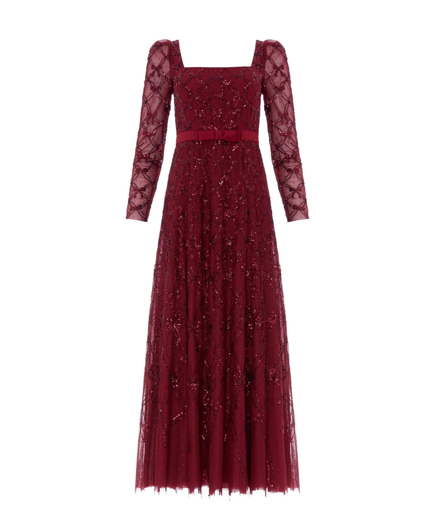 Women's Bow Lattice Long Sleeve Sequin Gown