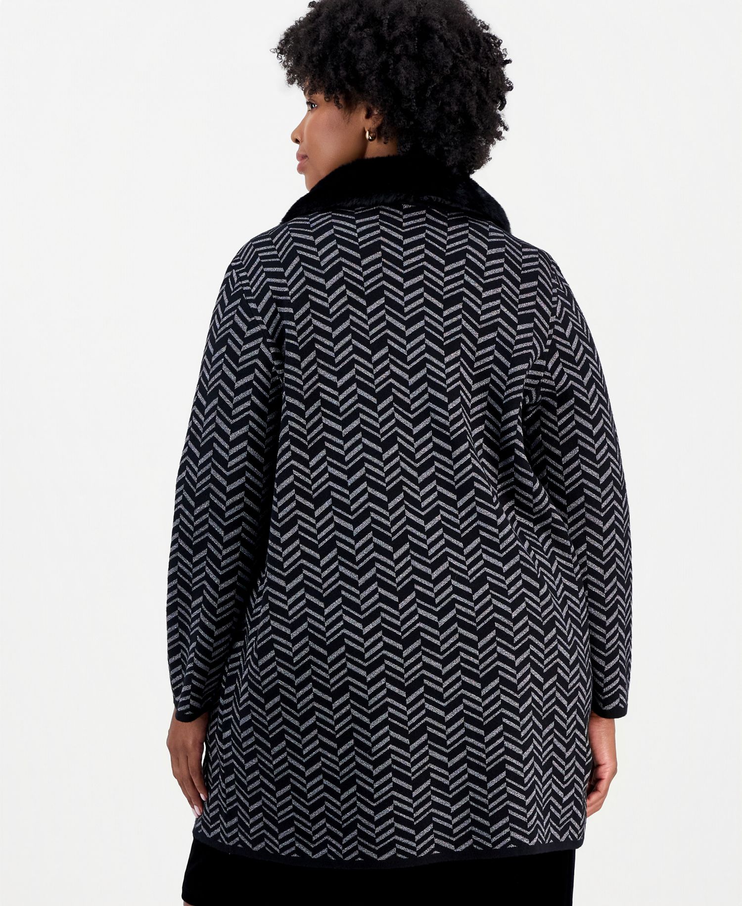 Plus Size Faux Fur Collar Herringbone Cardigan