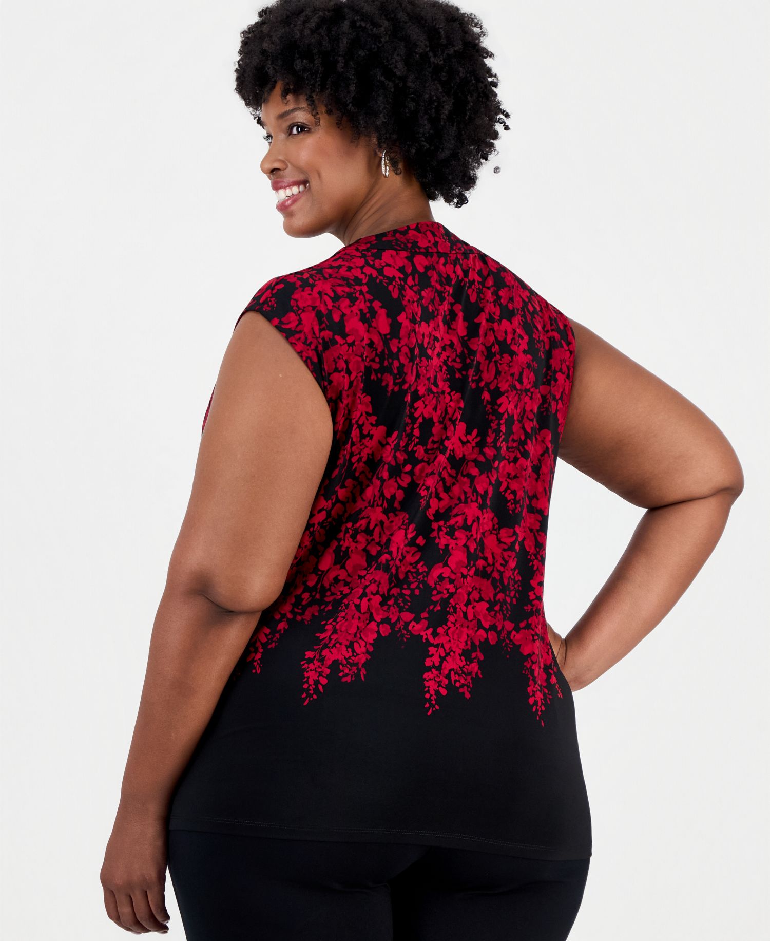 Plus Size Cowl-Neck Cap-Sleeve Floral Blouse