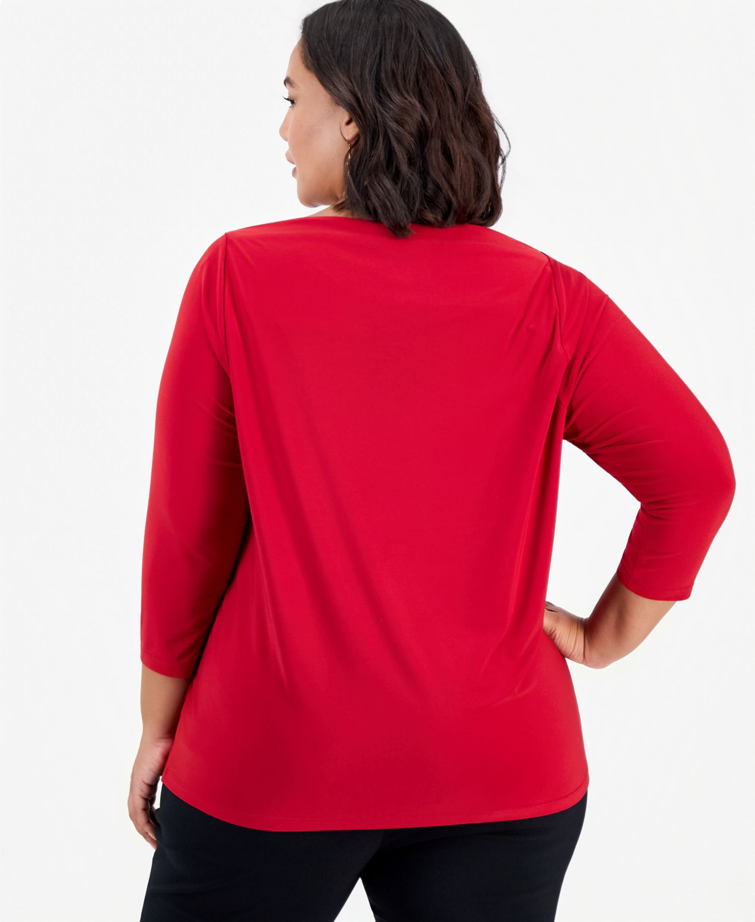 Plus Size Boat Neck 3/4-Sleeve Ruched Blouse