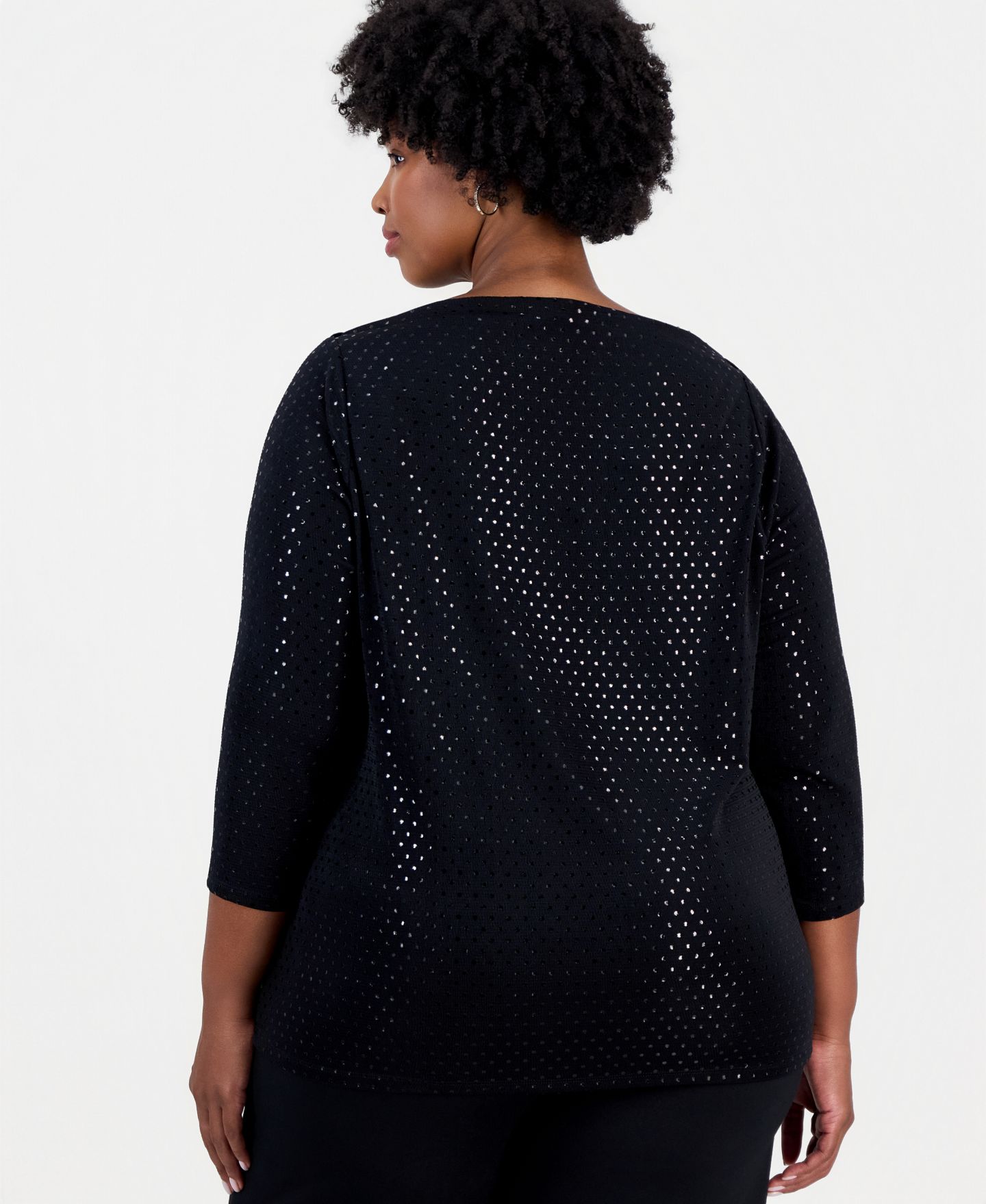 Женская блузка Kasper Plus Size Boat-Neck Metallic-Dot Shirred-Front 3/4-Sleeve, цвет: Чёрный — фото 3