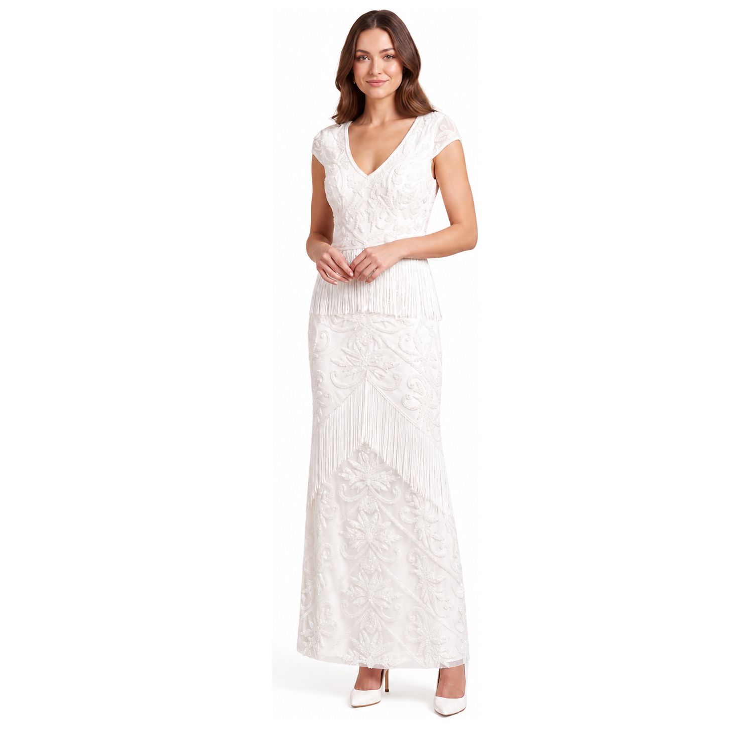 Women's Cap Sleeve Bridal Beaded Gown with Fringe