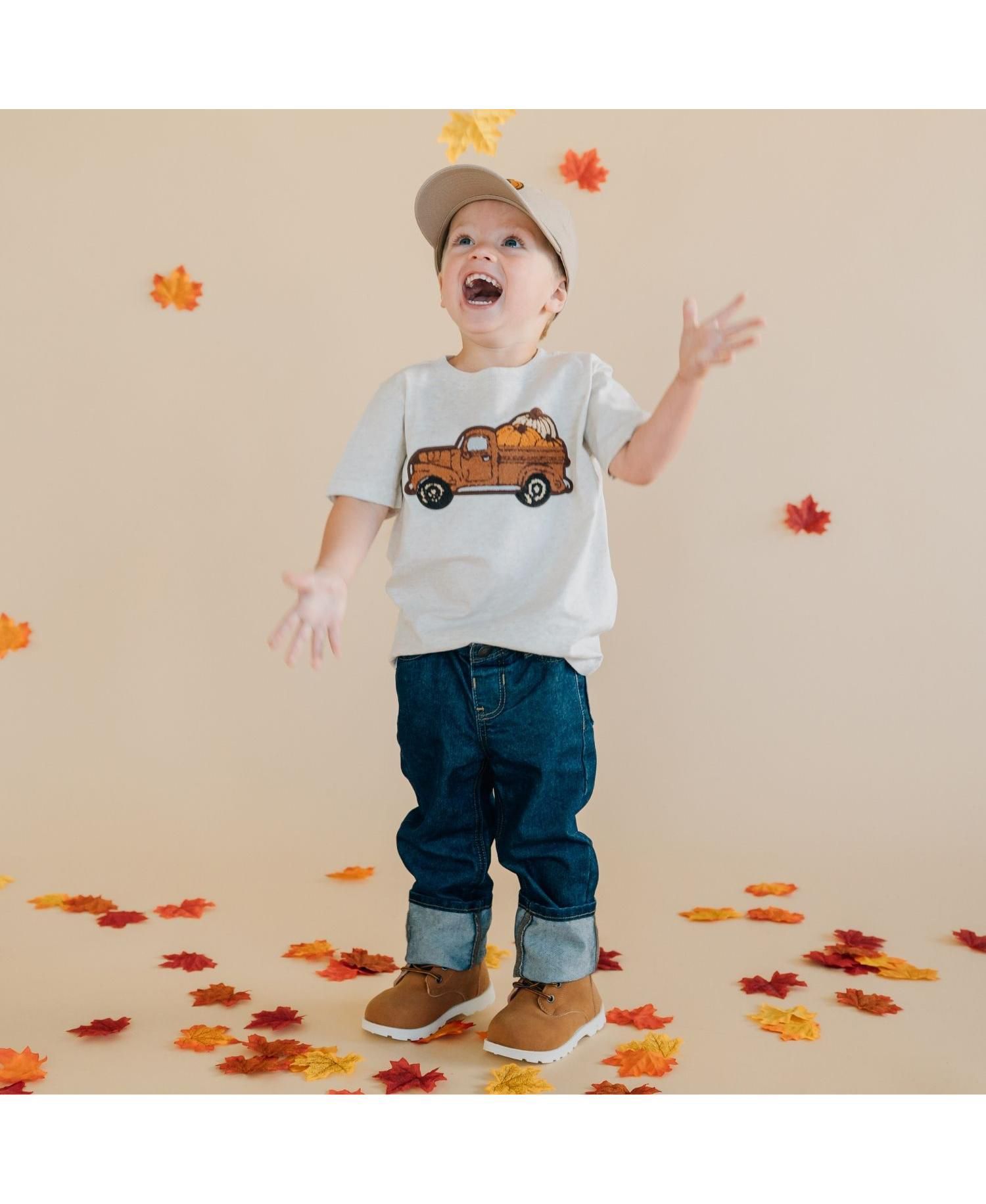 Little and Big Boys Fall Truck Patch Short Sleeve T-Shirt