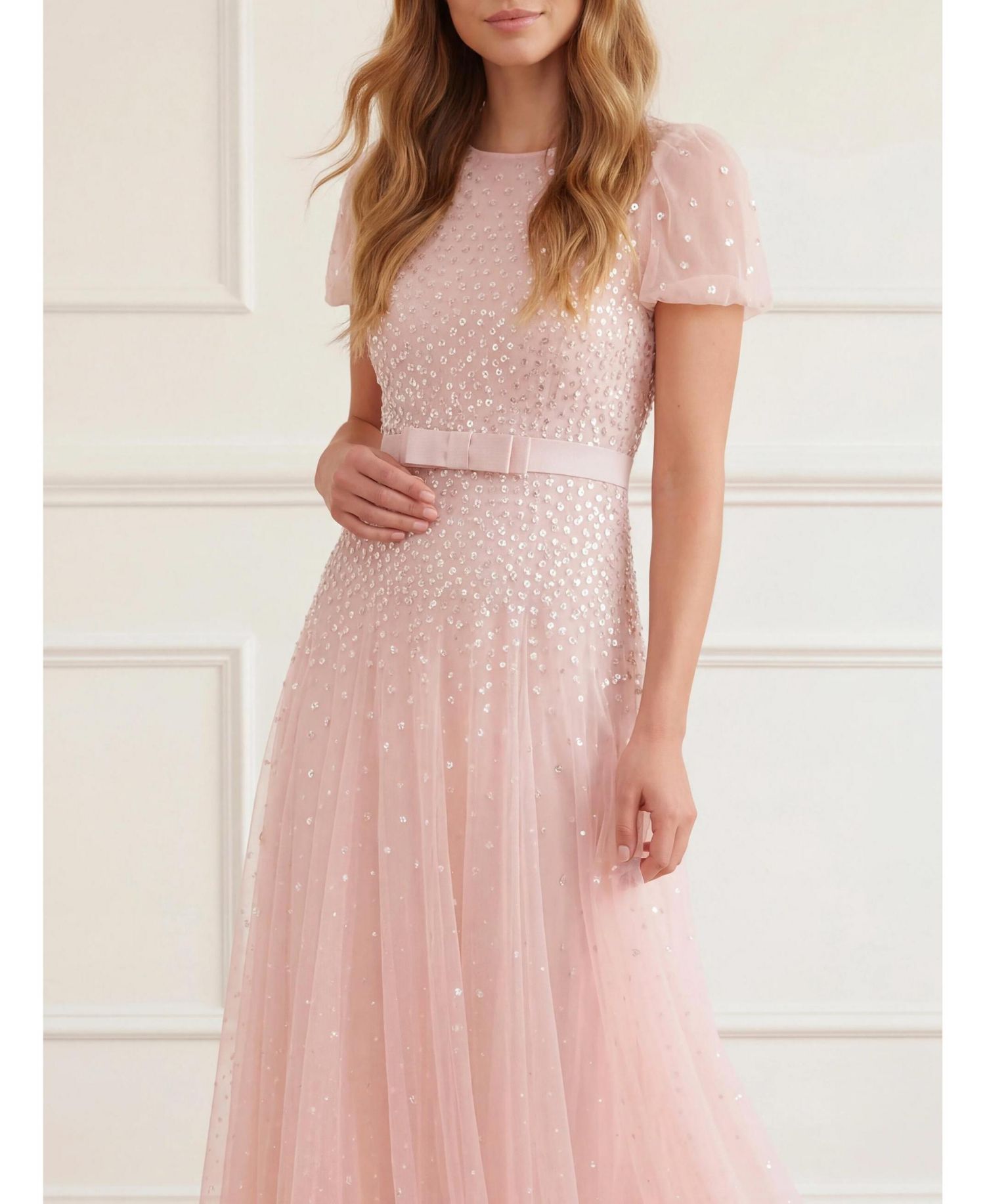 Women's Sequin Cascade Bow Short-Sleeve Gown
