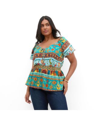 Plus Size Amaria Puff-Sleeve Print Tie-Front Top