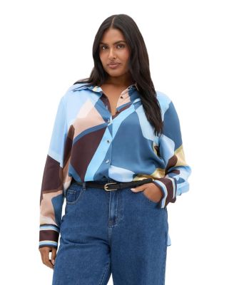 Plus Size Amaya Abstract-Print Long-Sleeve Button-Up Shirt