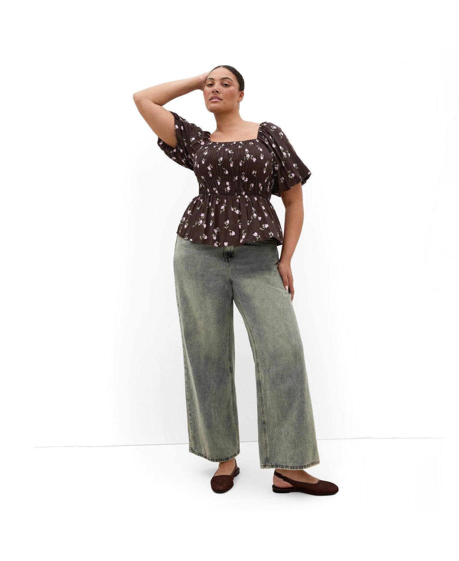 Plus Size Aire Peplum Floral-Print Square-Neck Top