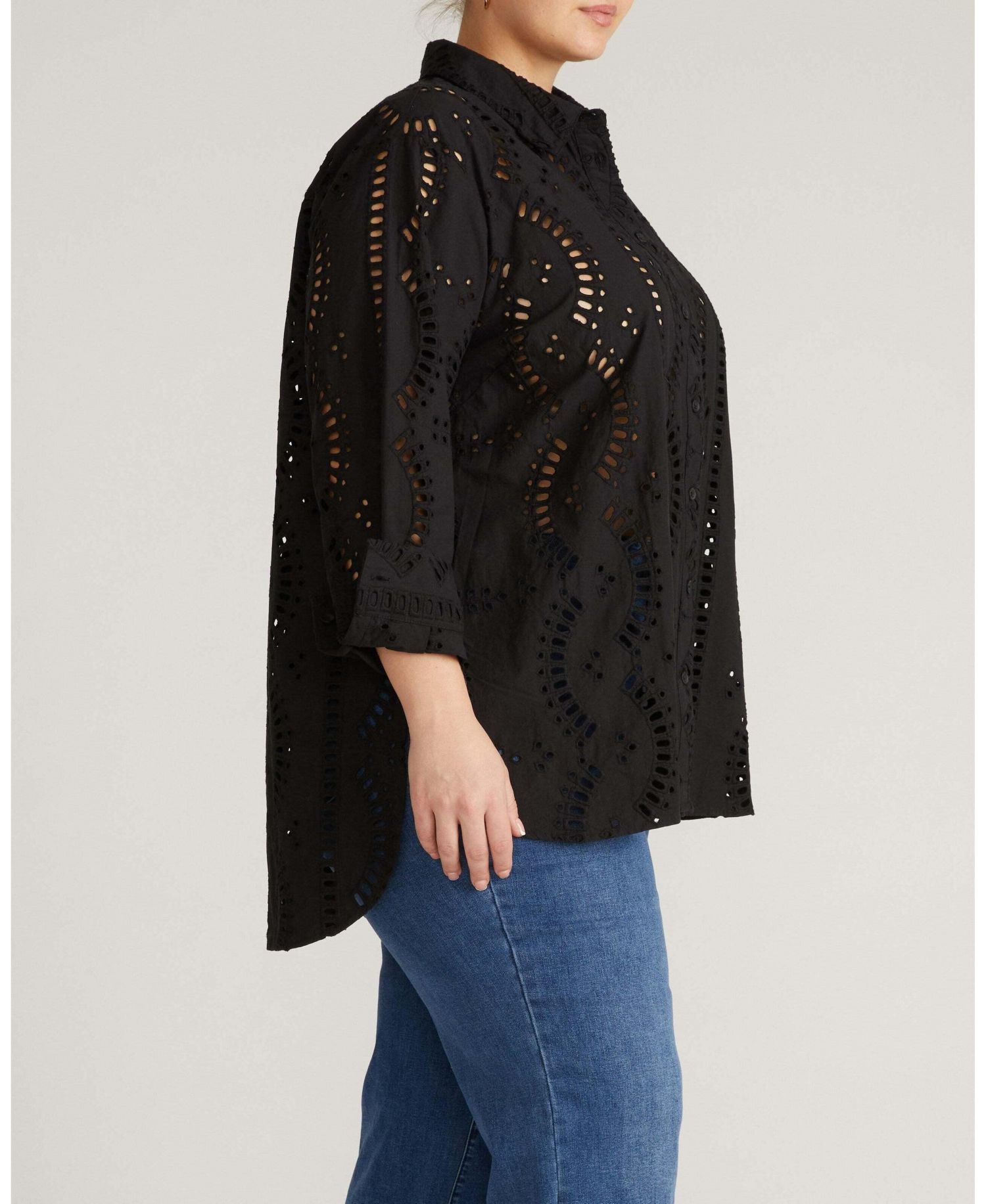 Plus Size Oversized Embroidered Eyelet Long-Sleeve Button-Down Shirt