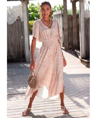 LASCANA Women's Printed Flowy Flutter Fit-and-Flare V-Neck Maxi Dress