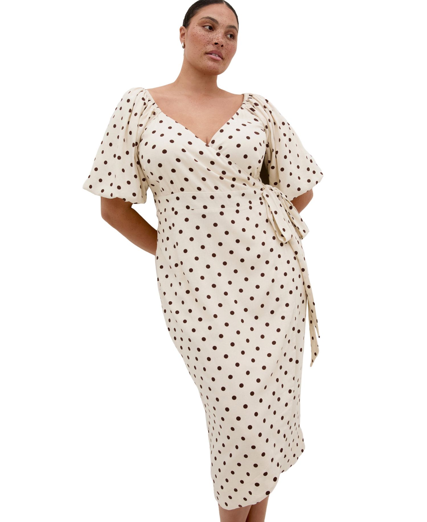 Plus Size Claudine Wrap Spot-Print Balloon-Sleeve Midi Dress
