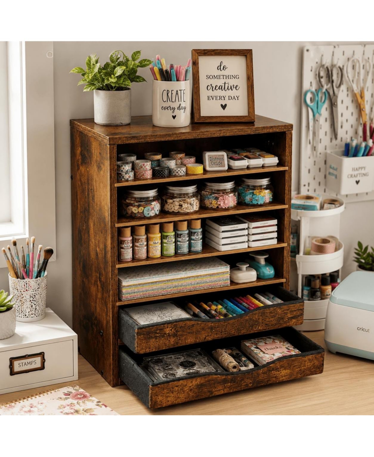 Danrong Brown Wooden 6 Tier Adjustable Desk Organizer With 2 Drawers For Home Office Classroom