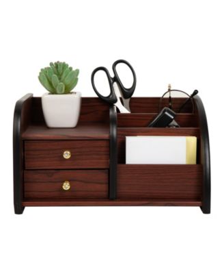 Wood Desktop Organizer 2 Drawers Stepped Compartments Office Home Storage