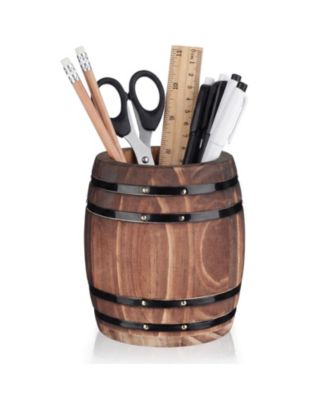 Rustic Wine Barrel Wooden Desk Organizer Pen Pencil Holder Stationery Storage