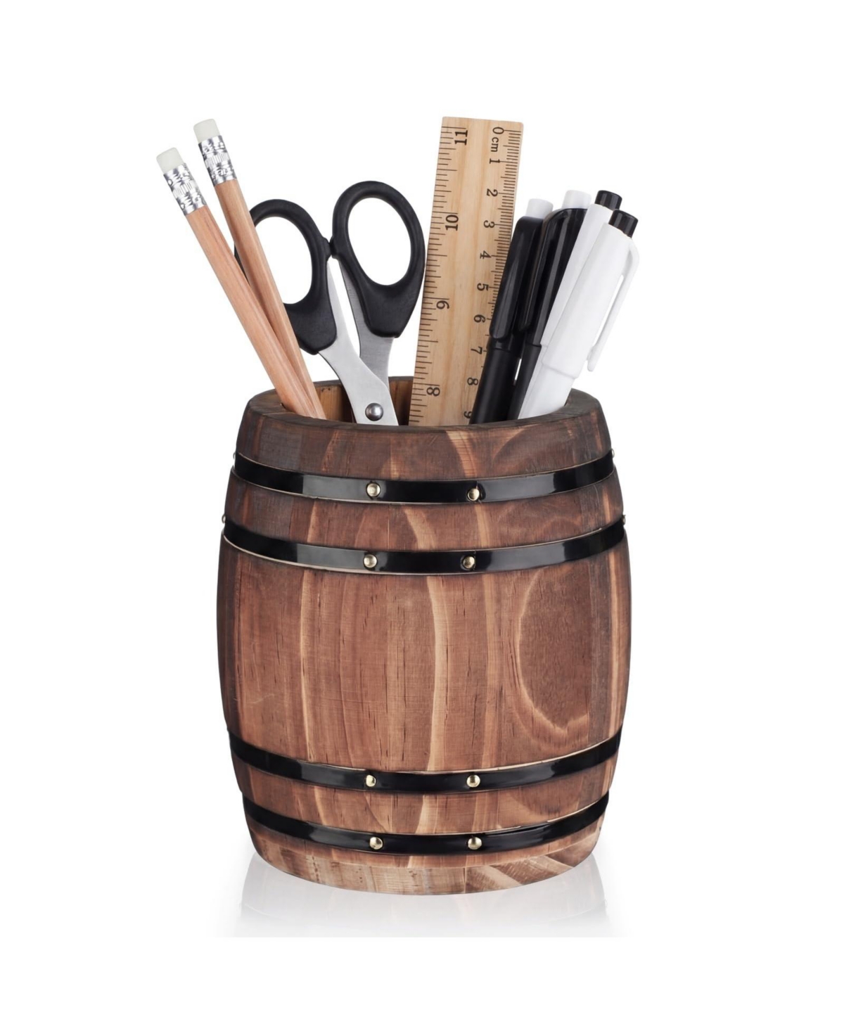 Danrong Rustic Wine Barrel Wooden Desk Organizer Pen Pencil Holder Stationery Storage